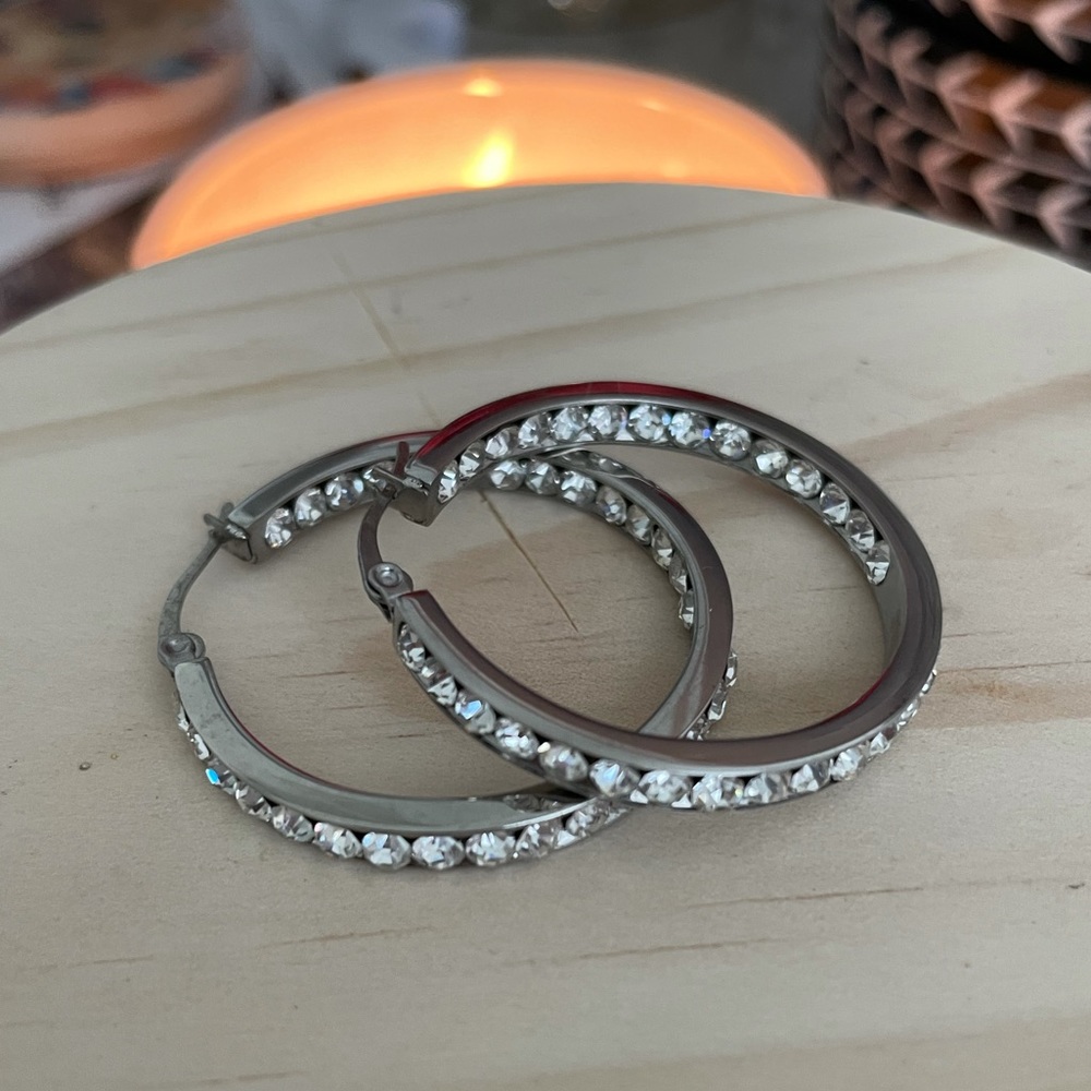 Silver rhinestone hoops